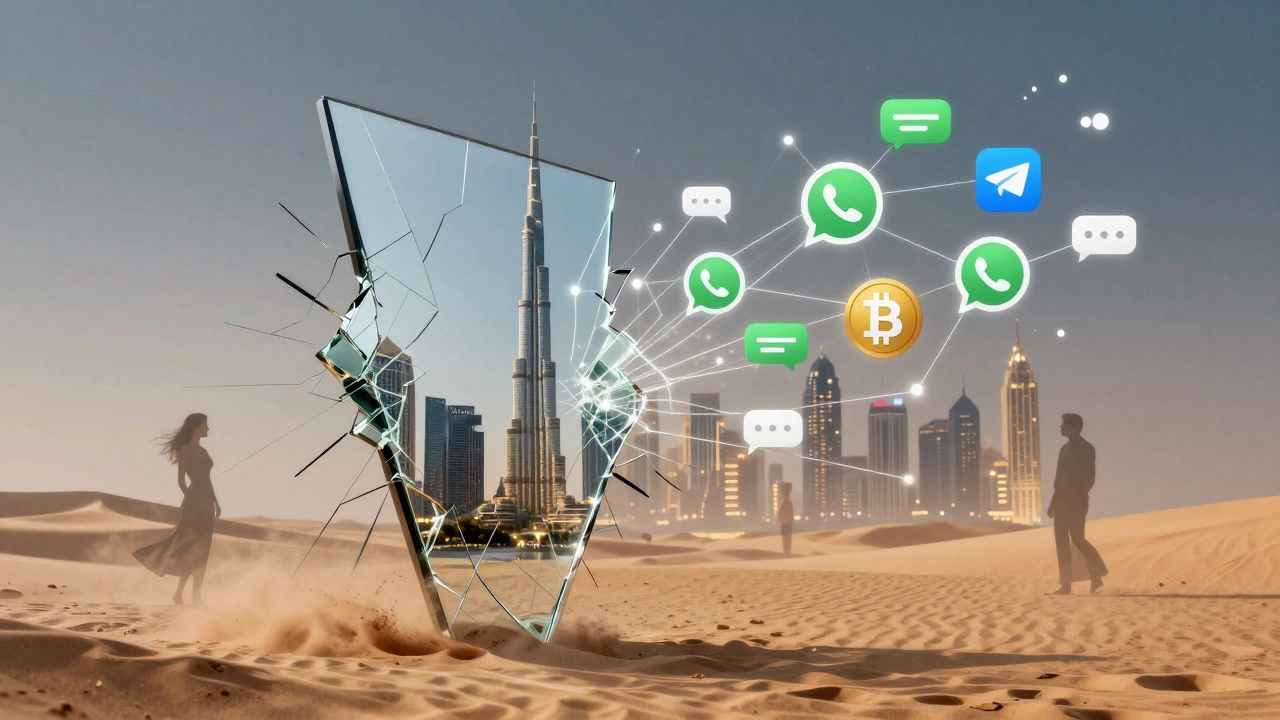 A fractured mirror reflecting Dubai’s skyline and digital communication signals, symbolizing the hidden companionship economy.