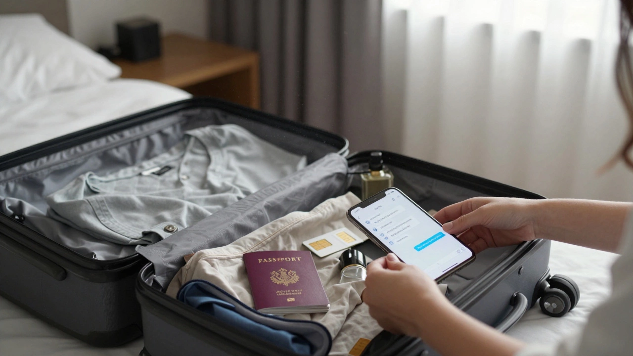 A woman’s hands packing a suitcase in a hotel room, with a encrypted chat visible on a phone, soft morning light.