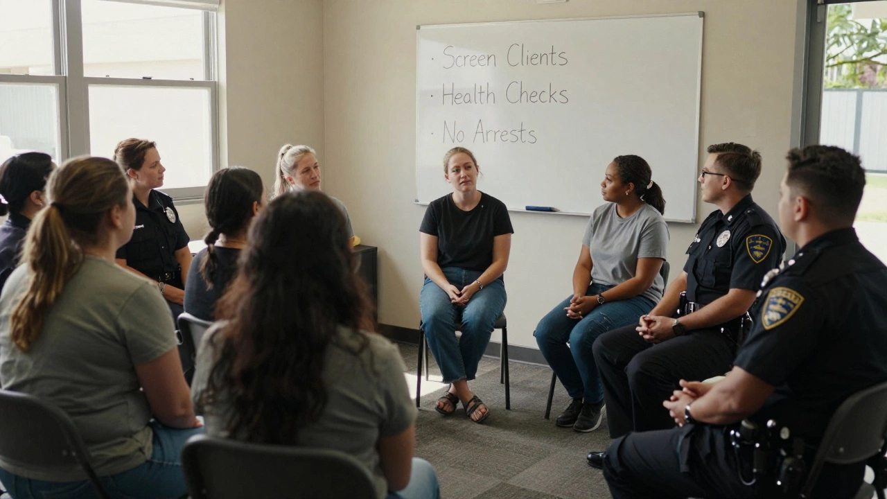Sex worker speaking with police and community members in a New Zealand center, emphasizing safety and rights.