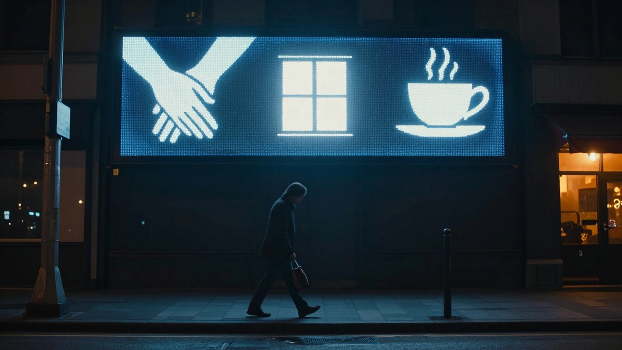 Silhouetted person walking at night under abstract digital symbols of human connection.